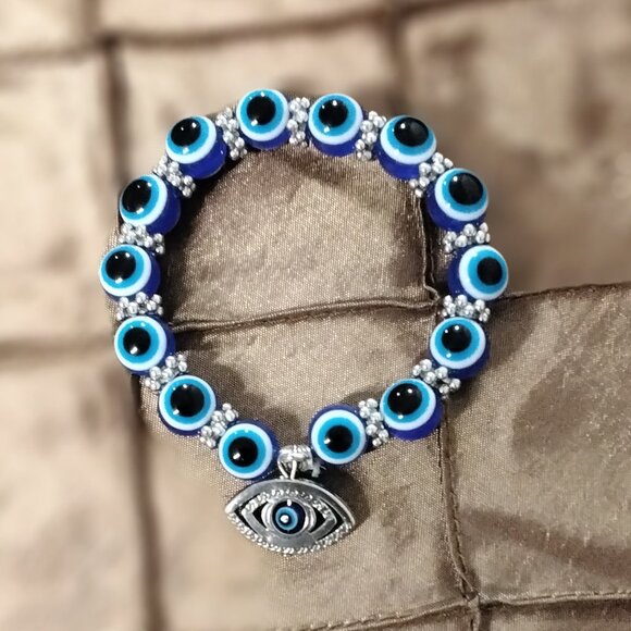 Evil Eye Blue Beaded Charm Bracelet for Protection and Blessing Stretchable Luck - Picture 2 of 16